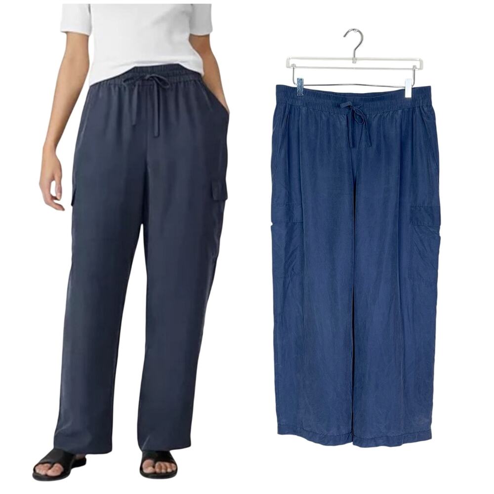 Eileen Fisher | Silk Cargo Blue Wide Leg Pull On Lightweight Relaxed Pants Large